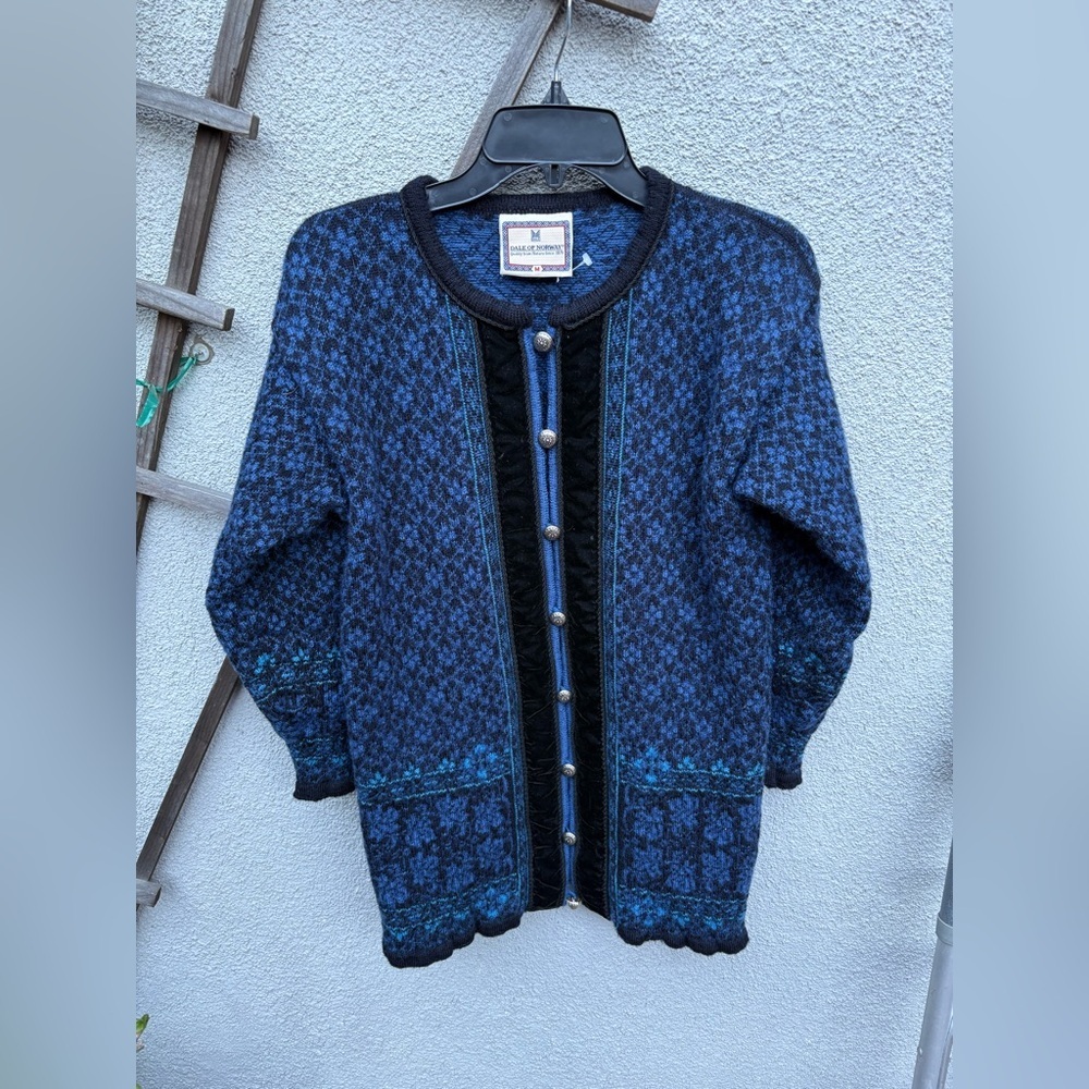 Vintage 90s Dale of Norway Wool Button Cardigan Nordic Fair Isle Velvet-M